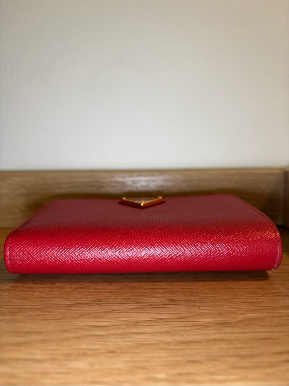 Prada Red Saffiano Compact Wallet with Gold Triangle Logo - Picture 3 of 11